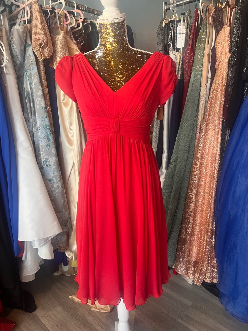 Vintage Suzi Chin for Maggy Boutique Cherry Red V-Neck Chiffon Midi Dress